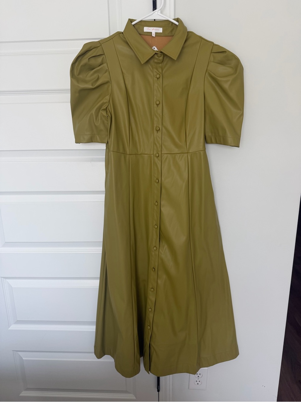 Faux Leather Puff Sleeve Chartreuse Midi Dress
